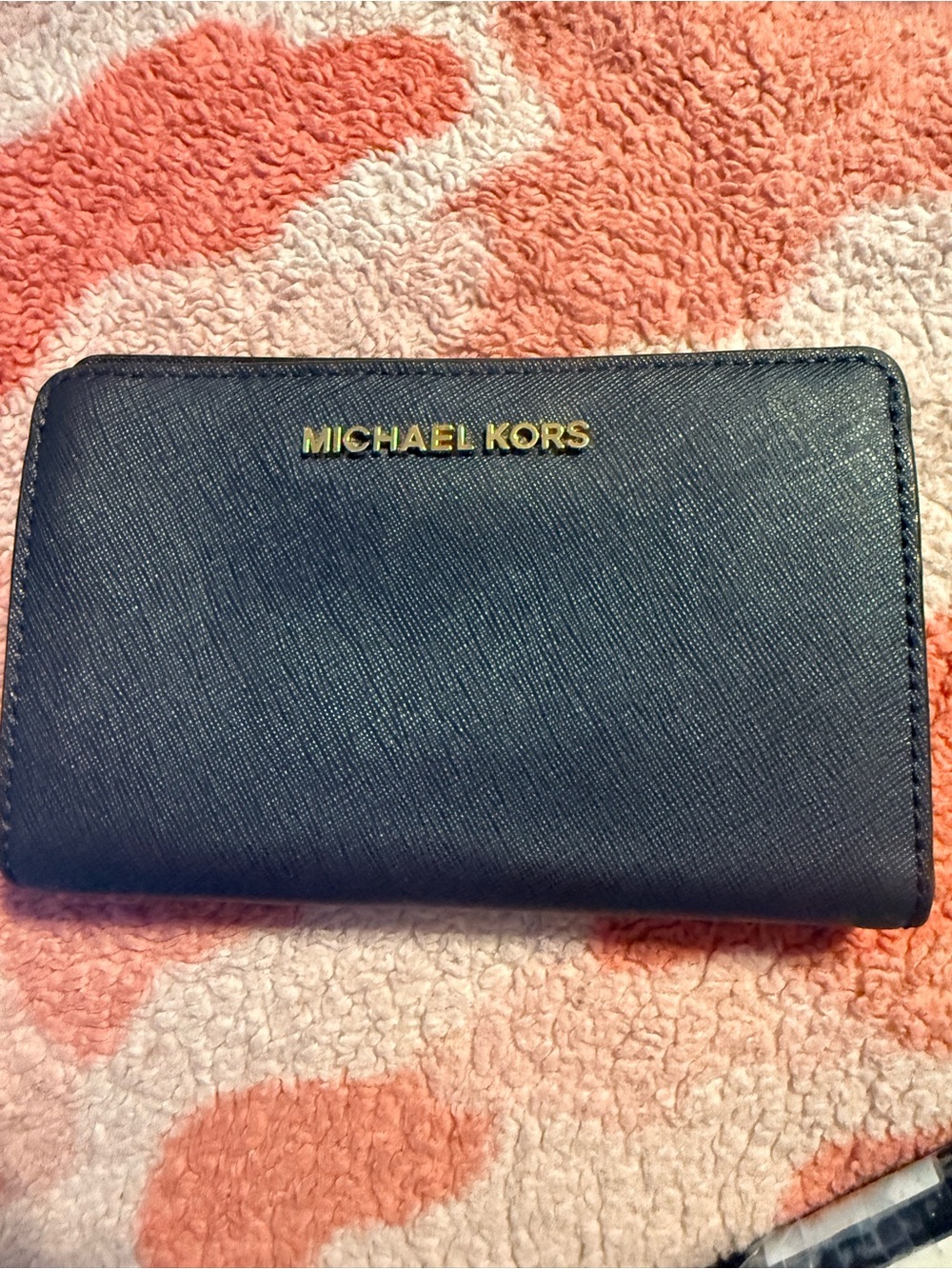 Michael Kors Navy Saffiano Zip Wallet with Gold Logo Plate